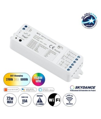 GloboStar® 73010 WT5 SKYDANCE DC WiFi & RF 2.4Ghz Dimmer High Speed Controller 5 Καναλιών DC 12-24V 5 x 3A 72W - Max 15A 360W - IP20 Μ10 x Π4 x Υ2cm - 5 Years Warranty